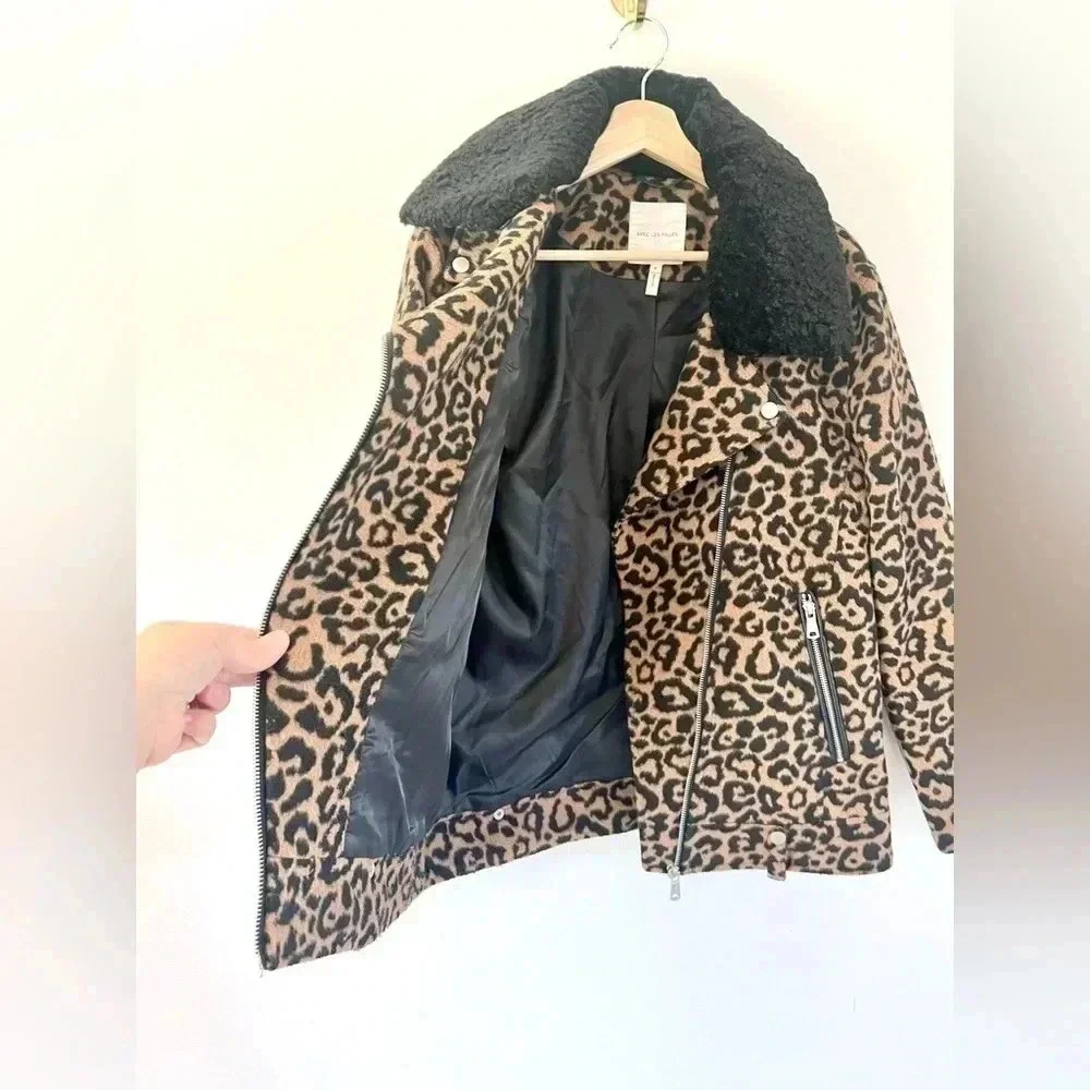 Avec Les Filles Leopard Print Full Zip Moto Biker Jacket Size‎ Small